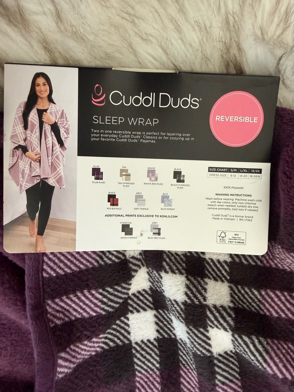 Cuddl Duds Reversible Sleep Wrap - Purple, Black, White Plaid
